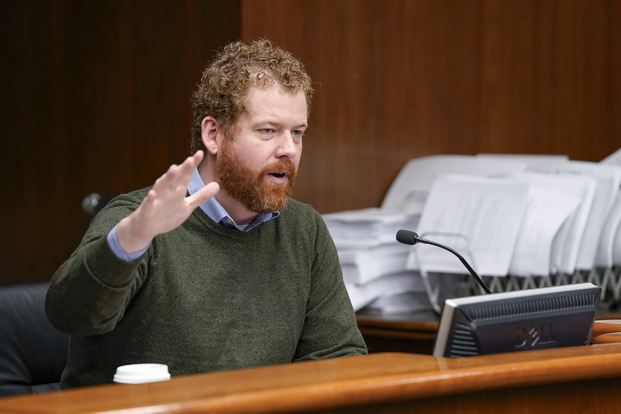 Rep. Zack Stephenson presents HF2000, a bill to permit lawful sports betting, to the House Taxes Committee April 30. It is the bill’s sixth committee stop. (Photo by Michele Jokinen)